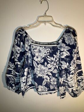 C&C California 100% Linen Floral Off Shoulder Top Blue White Boho Medium